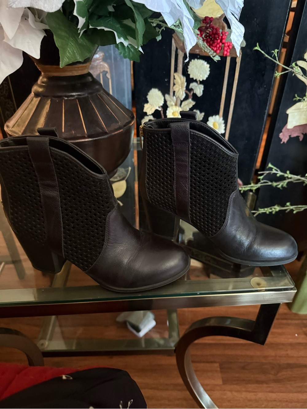 Fergie Black ankle boots size 7.5 with Gold Logo